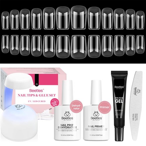 Beetles Gel Nail Kit Short Square with Nail Dehydrator and Primer, 576Pcs Half Matte Etch-X Gel Tips Solid Glue Mini Lamp Acrylic Tips Easy DIY Extension Set Gift for Women