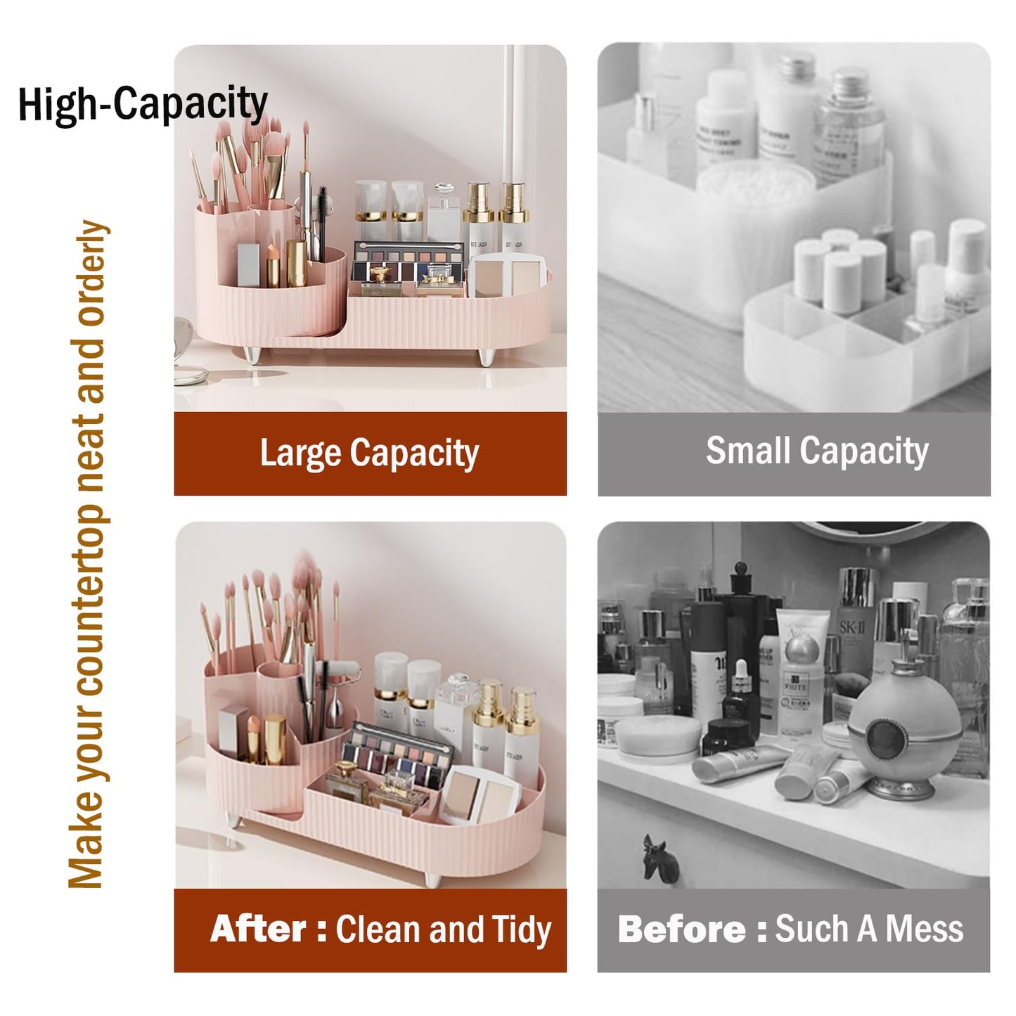 Makeup Organizer Countertop Rotating Makeup Organizer for Vanity Large Capacity Cosmetic Display Case with Makeup Brush Holder Cosmetic Organizer Countertop（Pink）