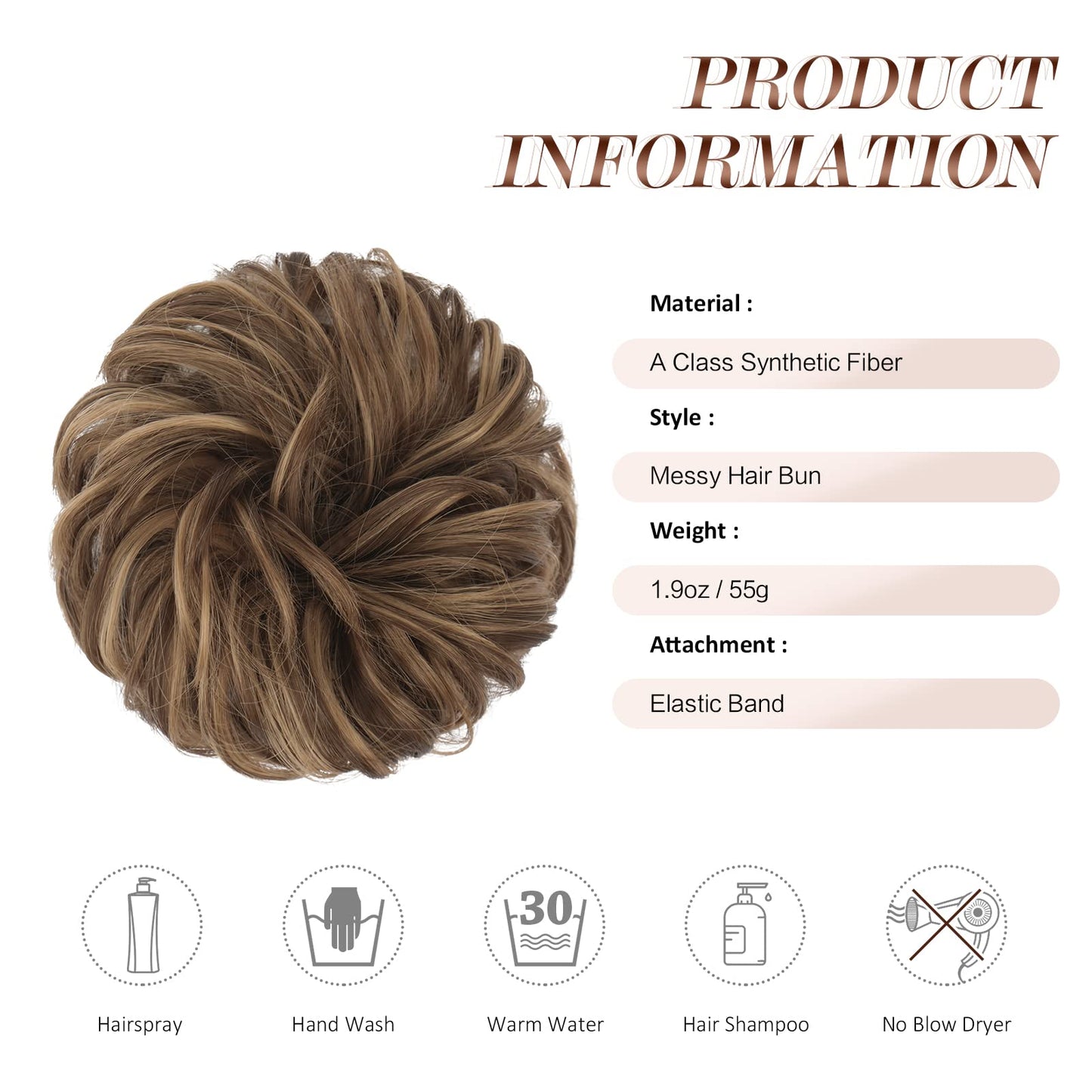 FESHFEN Messy Bun Hair Piece Curly Wavy Large Hair Bun Scrunchies Extensions Light Ash Brown Mixed Golden Brown Synthetic Tousled Updo Hairpieces for Women Girls