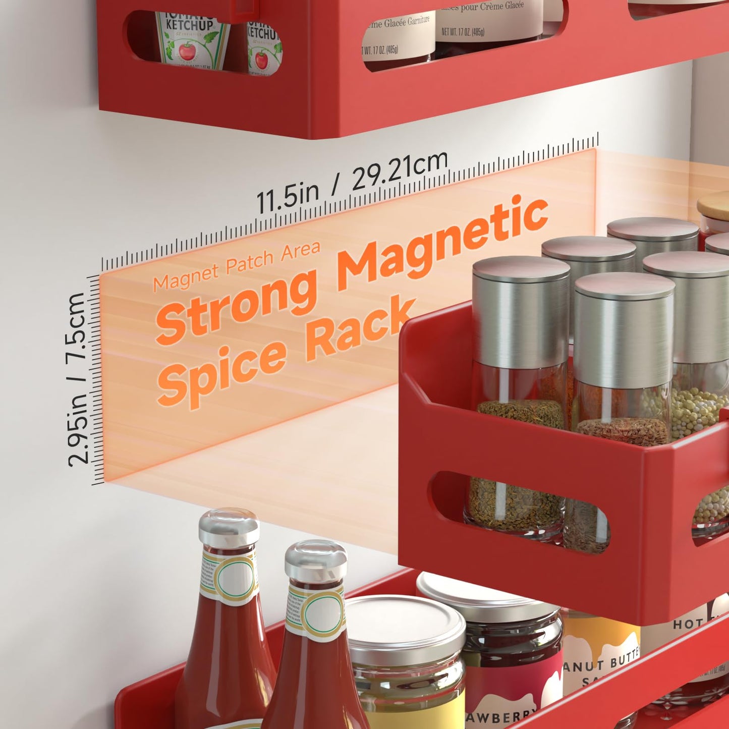 4 Pack Strong Magnetic Spice Rack for Refrigerator, Multipurpose Magnetic Shelf for Fridge with 4 Hooks for kitchen and Bathroom Organization, Black
