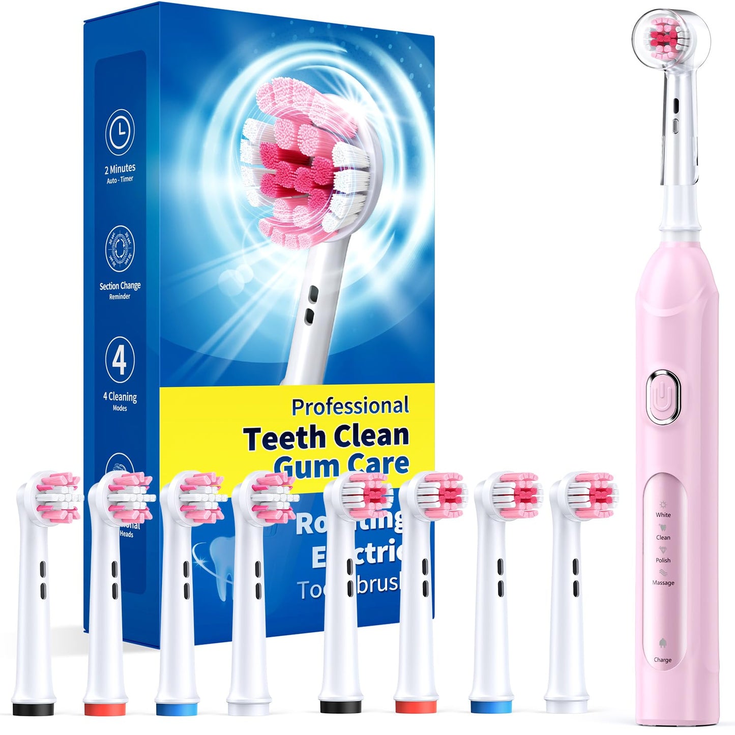 TEETHEORY Rotating Electric Toothbrush for Adults with 8 Brush Heads (2 Types), 4 Modes Deep Clean Electric Toothbrush with Rechargeable Power and 2 Min Smart Timer