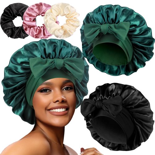 2+3 Large Satin Bonnets with Scrunchies for Women, Hair Bonnet Sleeping Tie Bonnet for Braids Curly Hair, D