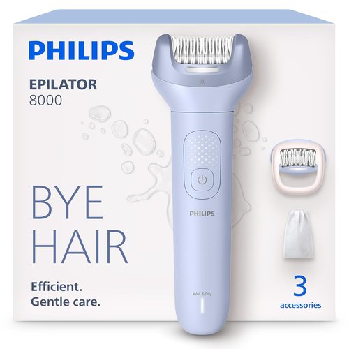 Philips Epilator Series 8000 - Cordless Wet & Dry Hair Removal Device with ProGuide | 60 Min Runtime, 3 Accessories
