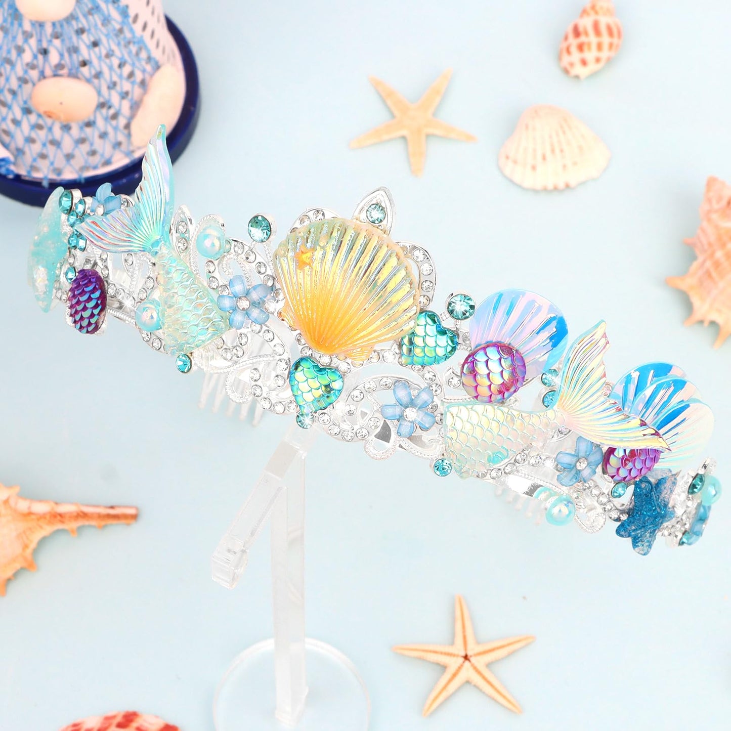 BAHABY Mermaid Crown for Birthday Decorations - Seashell Tiaras for Women Girls, Mermaid Costume Princess Crown - Blue