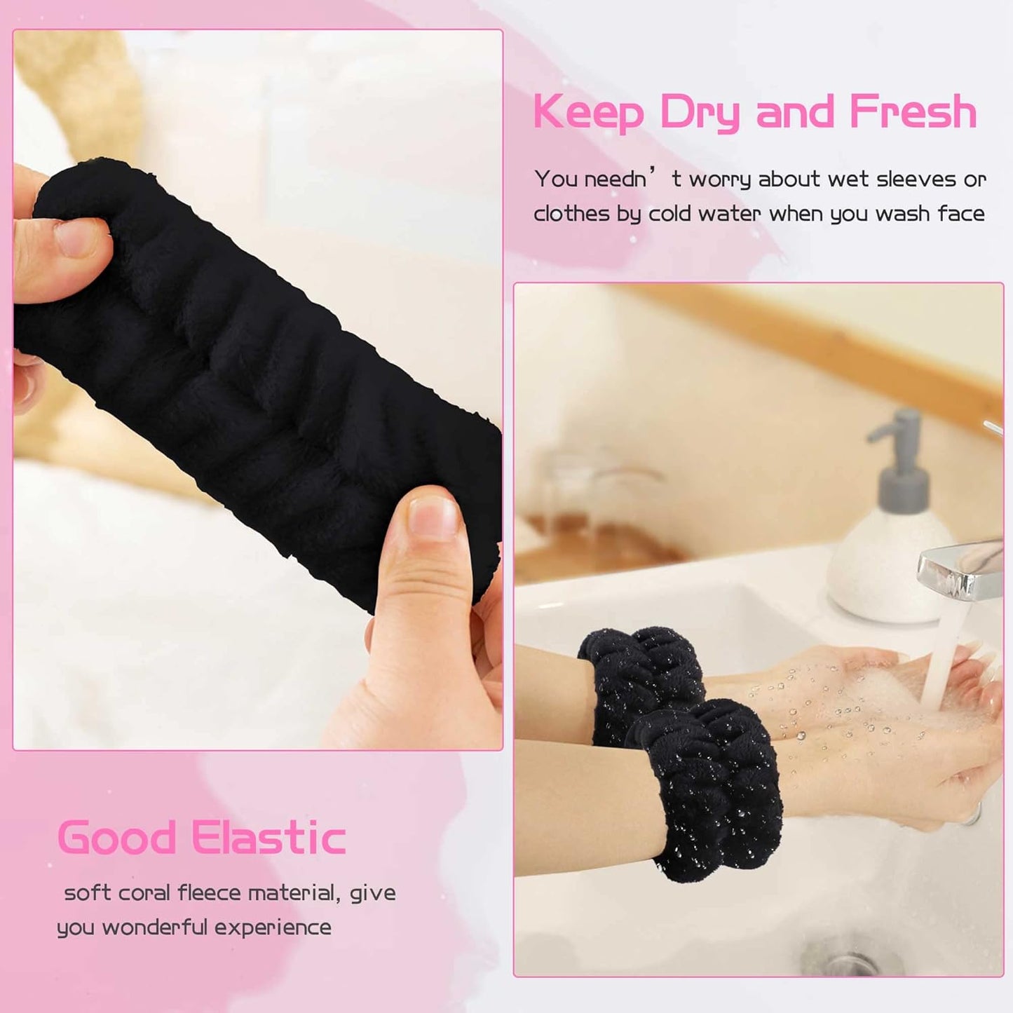 WSYUB Makeup Headband Set - Fluffy Black Spa Headband & 2 Absorbent Wristbands for Skin Care