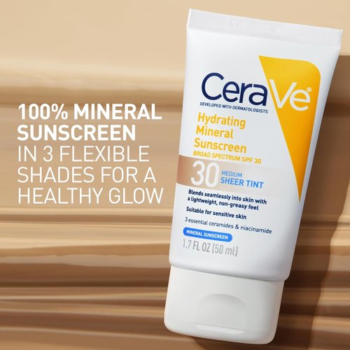 CeraVe Hydrating Mineral Sunscreen SPF 30 - Tinted Zinc Oxide Formula for a Healthy Glow | 1.7 Fl Oz