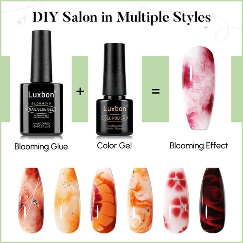 Luxbon 2x15ml Blooming Nail Glue Gel, UV/LED Cured Gel Glue Polish Blossom Long Lasting For Press On Tips Fake Nails Full Cover Nails
