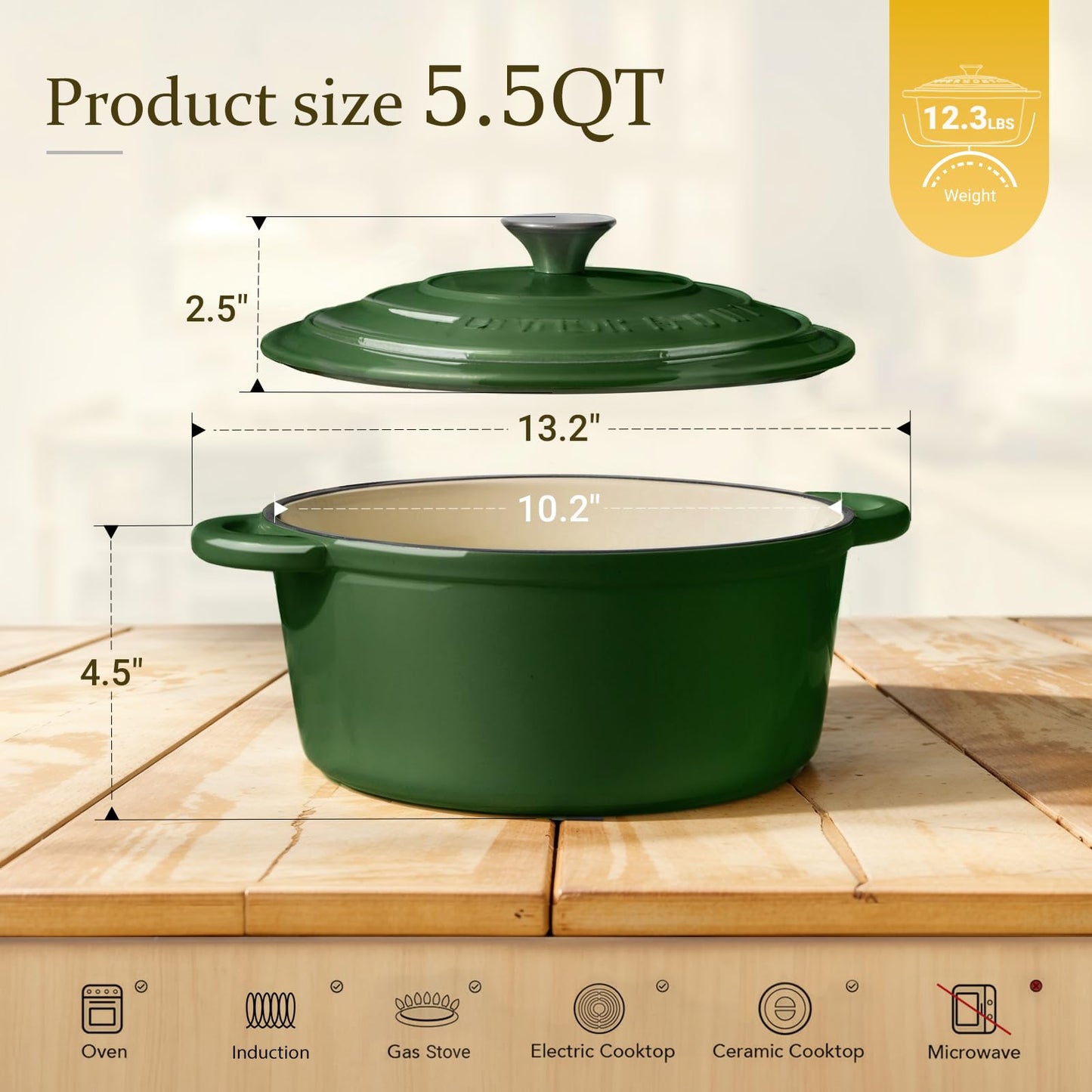 Overmont Enameled Cast Iron Dutch Oven - 4.5QT Pot with Lid Cookbook & Cotton Potholders - Heavy-Duty Cookware for Braising, Stews, Roasting, Bread Baking bottle green