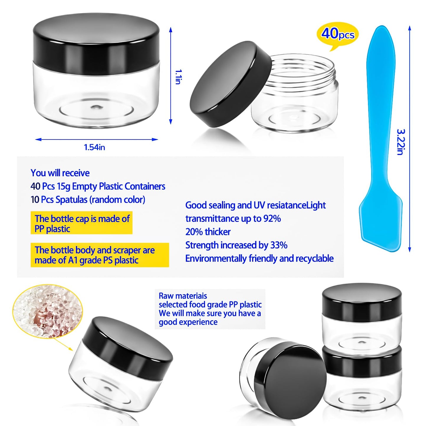 MotBach 40 PCS 15g Empty Plastic Containers with Black Lids, Small Makeup Containers, 0.5oz Small Sample Pot Jars Round Travel Cosmetic Jars with Spatulas for Liquid, Powder, Cream, Lotion