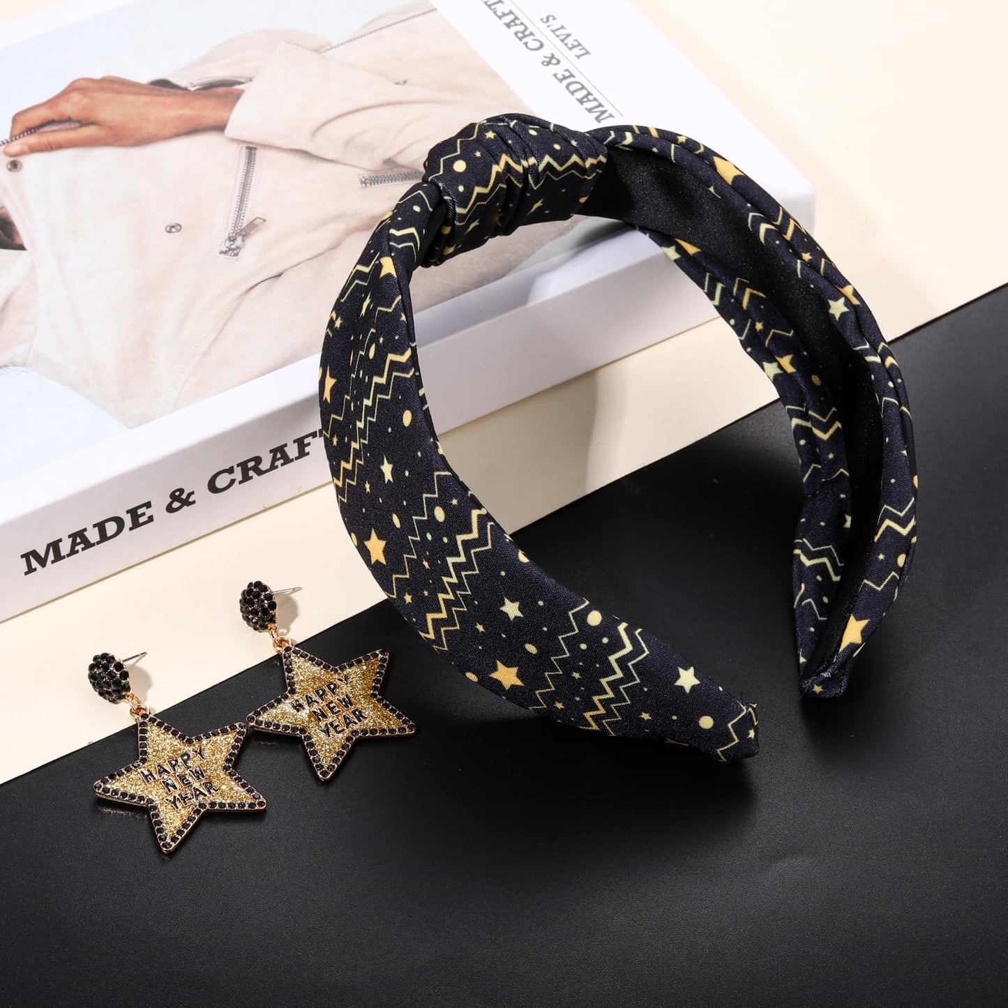 YAHPERN New Year’s Eve Headbands for Women Happy New Year Headband Printed Clock Top Hat Star Headband Holiday Knotted Headband New Year’s Eve Hair Accessories Party Favors Gifts (New Year Star)