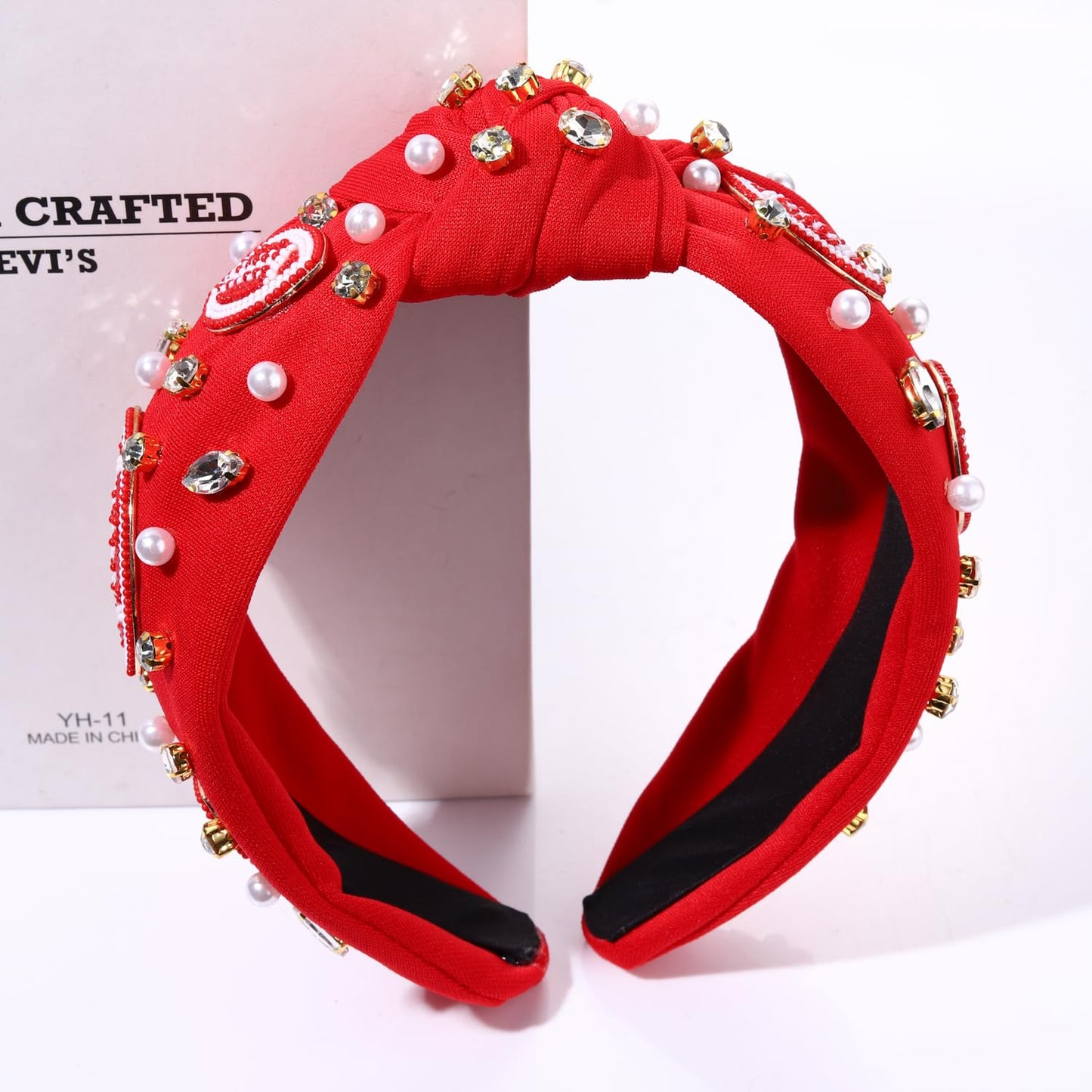 YAHPERN Crystal Pearl Knotted Headbands for Women, Jeweled Wide Top Knot Hair Accessories (Football White&Red)