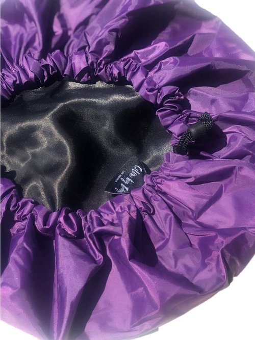 Glow by Daye Satin Lined Shower Cap - Adjustable Waterproof Design for Hair Protection | Large, Purple Rain
