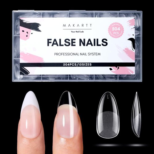 Makartt Medium Almond Nail Tips: 504 PCS Pre-Etched Clear False Nails Tips Almond Shapes, 15 Sizes Full Cover Half Matte Soft Acrylic Press On Nail Extensions Supplies Salon and DIY at Home