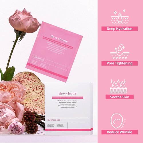 DewyHour Collagen Face Mask - 5 Pack Hydrating Overnight Sheet Masks with Hyaluronic Acid | Firming & Pore Minimizing