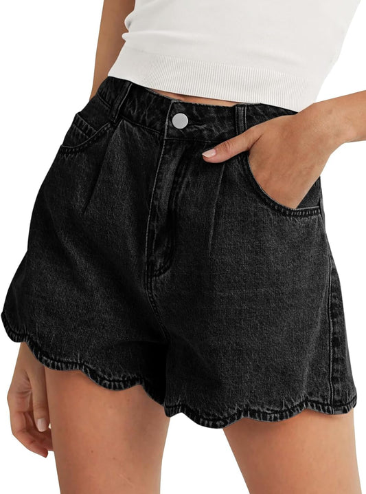 Tankaneo Women's High Waist Denim Shorts - Trendy Scalloped Hem | Casual Loose Fit for Summer