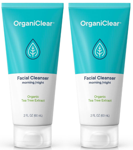 OrganiClear Facial Cleanser w/Organic Tea Tree & Salicylic Acid – Gentle Daily Foaming Gel Face Wash for Deep Cleansing & Makeup Removal – Unclogs Pores, Eliminates Dirt & Oil, (2 oz) 2 Pack