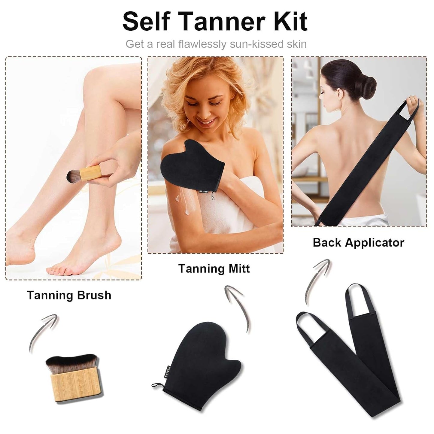 Skiennix Self Tanning Mitt Applicator Kit - 3-in-1 Tanning Glove & Kabuki Brush Set for Perfect Tan