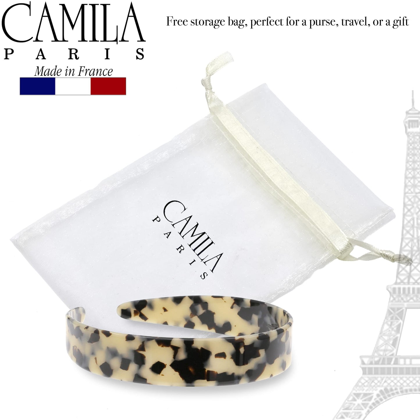 Camila Paris CP3464 French Headband for Women, Handmade White Tokyo, Strong Hold Grip Women's Hair Band, Ligth and Very Flexible, No Slip and Durable Styling Girls Hair Accessories, Made in France