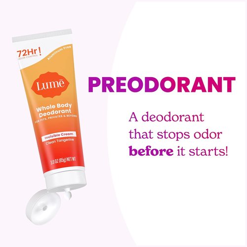 Lume Whole Body Deodorant - Invisible Cream Tube - 72 Hour Odor Control - Aluminum Free, Baking Soda Free, Skin Safe - 3.0 ounce (Clean Tangerine)
