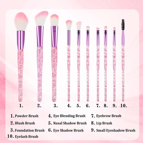 10 PCS Glitter Crystal Makeup Brush Set Cute Makeup Brushes Bling Professional Concealer Eye Shadow Eyeliner Blush Lip Blending Synthetic Brushes Tools Kit Face Cosmetics Blending Brushes for Women