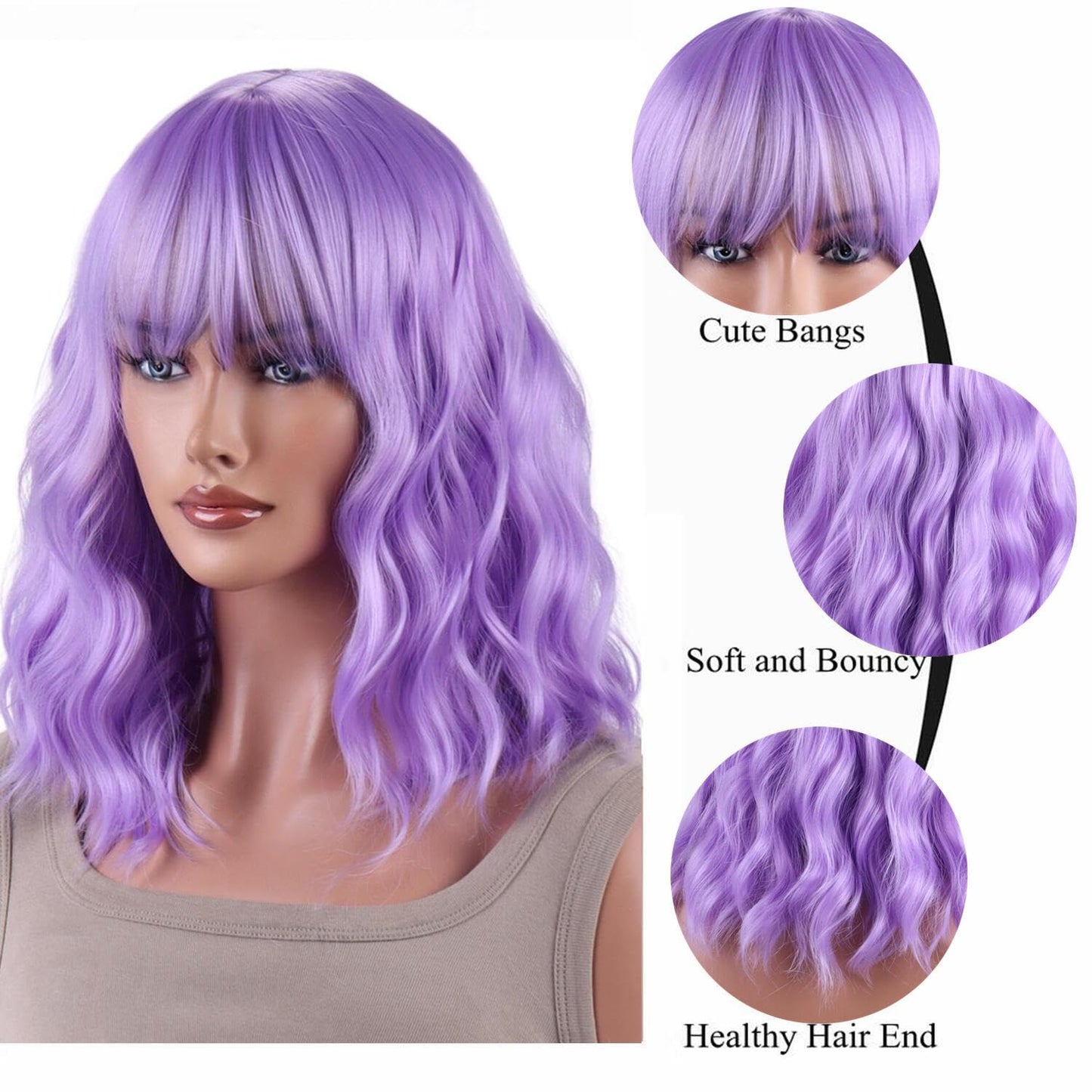 AneShe Lavender Purple Wig Short Purple Wavy Wig With Air Bangs Curly Synthetic Hair Wig Short Colorful Wavy Bob Wigs for Women Party Cosplay (14" Lavender Purple)