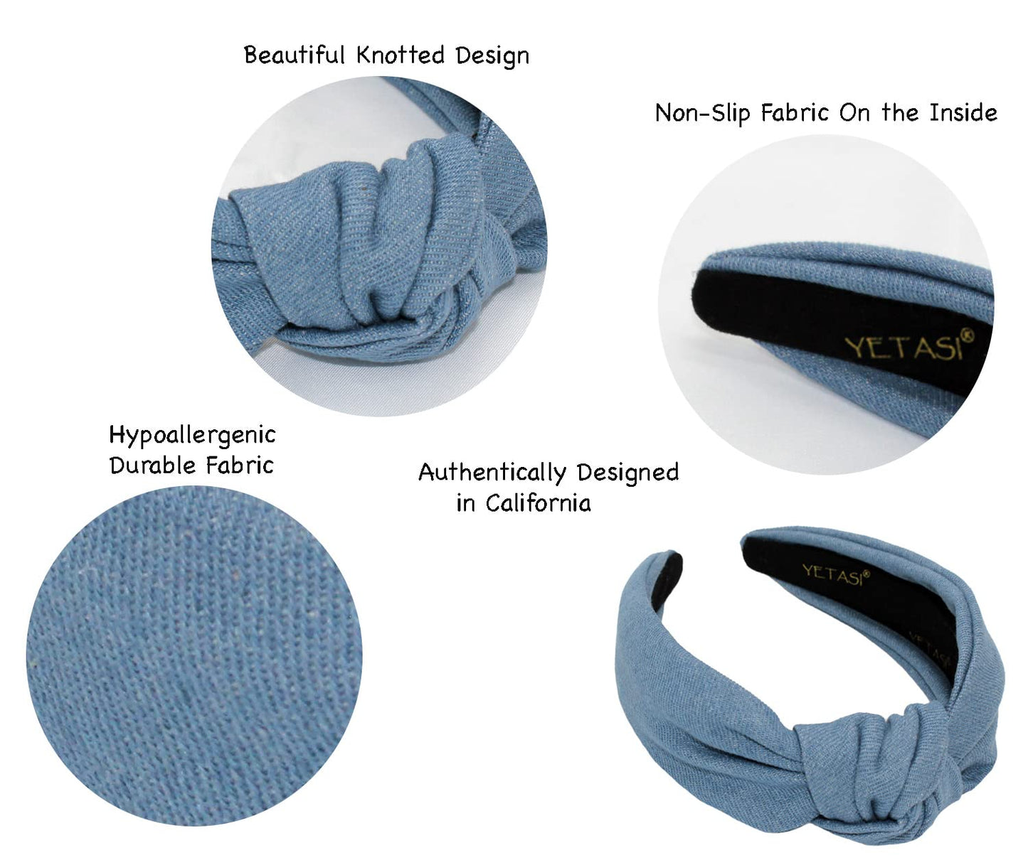 YETASI Blue Headbands for Women are Trendy Long Lasting Light Blue Jean Knotted Headband for Women Made of Non Slip Material for Your Comfort. Denim Light Blue Headband