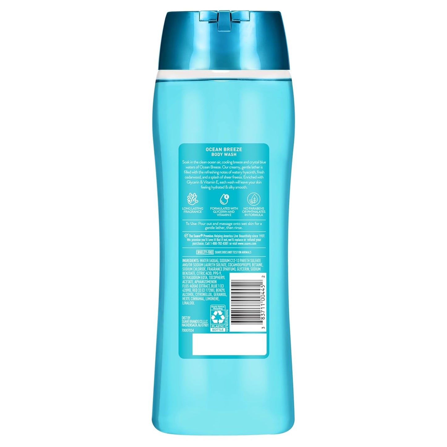 Suave Ocean Breeze Body Wash - Hydrating Formula with Glycerin & Vitamin E | 18 FL OZ, 6 Count