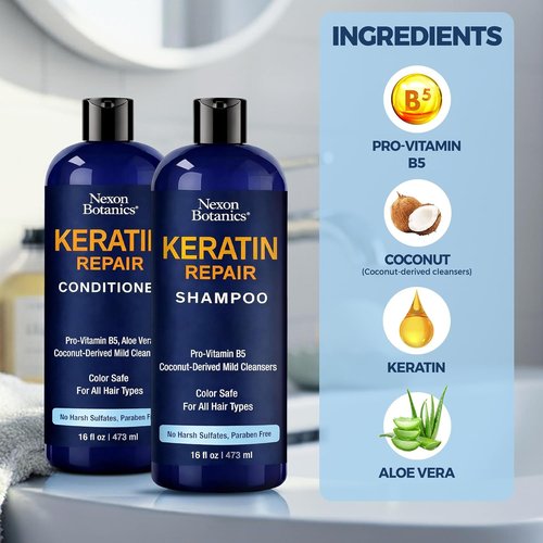Nexon Botanics Keratin Shampoo & Conditioner Set - Strengthening & Smoothing for Dry, Damaged Hair - 16 fl oz Each