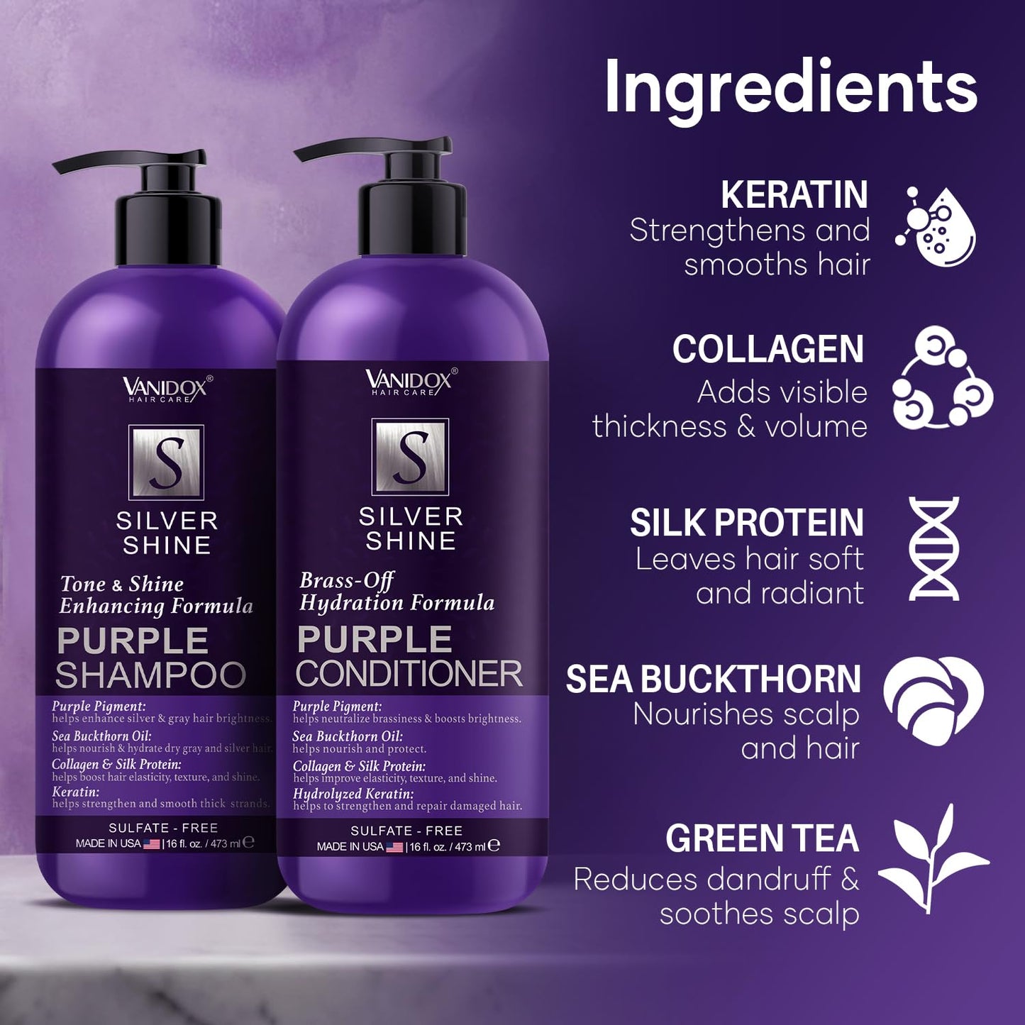 VANIDOX Purple Shampoo & Conditioner Set - Sulfate-Free, Moisturizing for Grey & Silver Hair | 16 fl oz Each