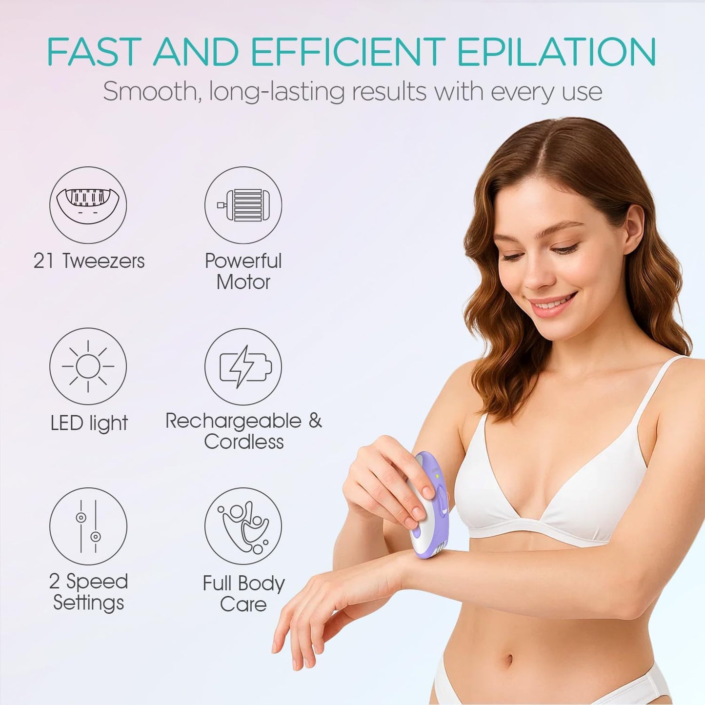 VOGOE Epilator for Women - Cordless Hair Removal with 21 Tweezers & LED Light | Rechargeable, 2 Speeds, Purple