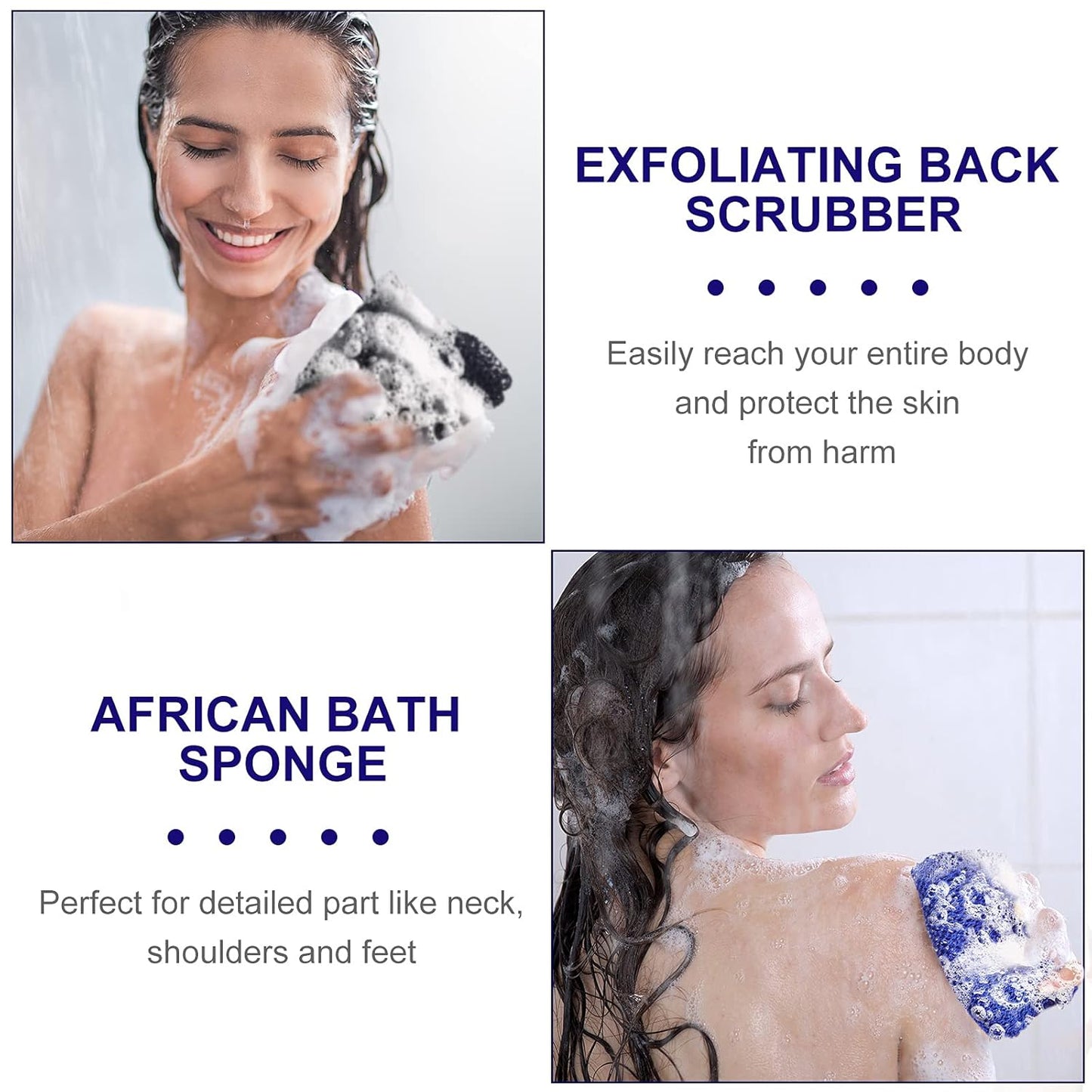 Skiennix African Exfoliating Net Bath Sponge - Long Back Scrubber for Smooth Skin | 2 Pieces (Blue, Black)