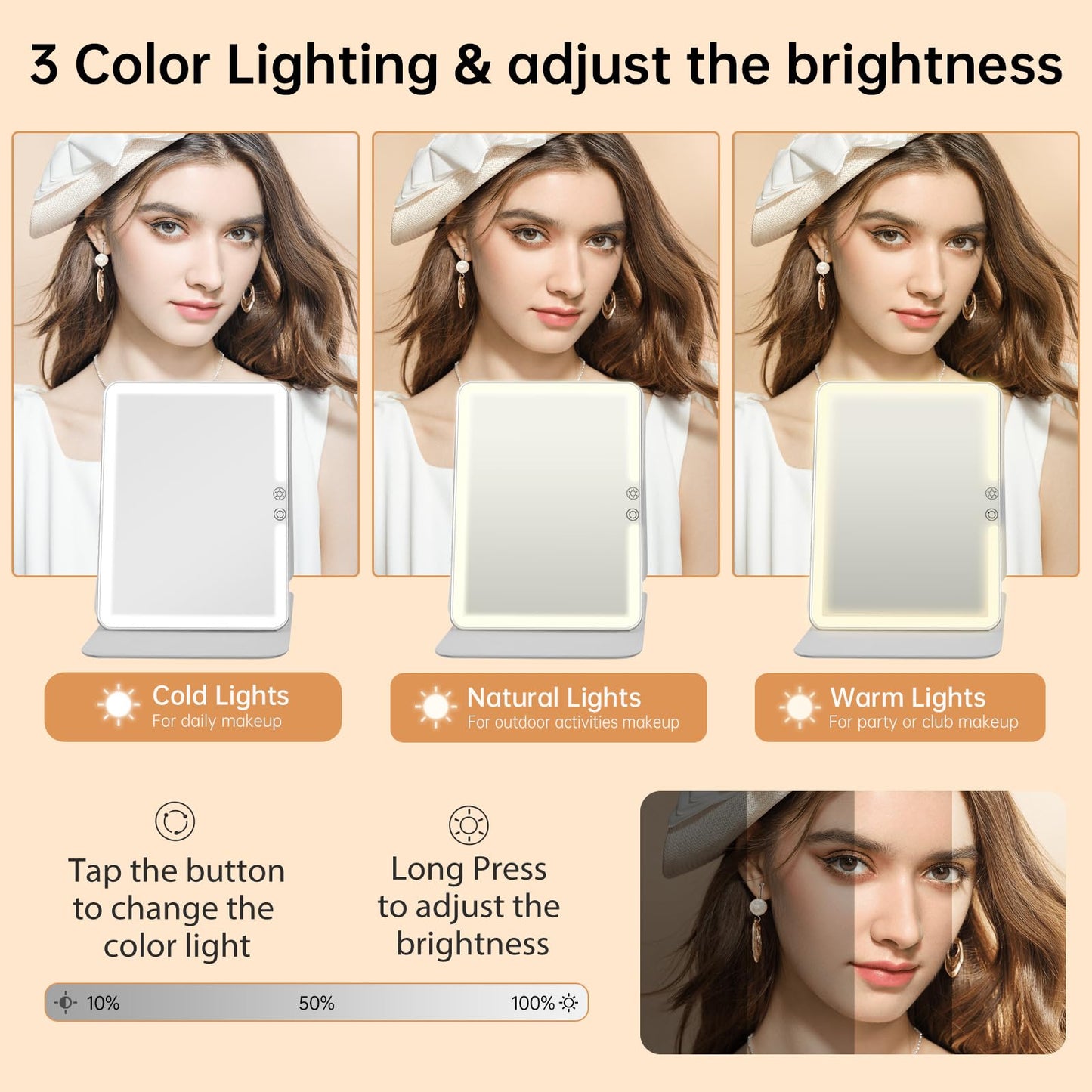 FUNTOUCH 2500mAh Large Rechargeable Travel Makeup Mirror with Light, Portable Makeup Mirror with 10X Magnifying Mirror, 3 Lighting Modes, Tabletop Folding Travel Mirror with PU Leather Cover (White)