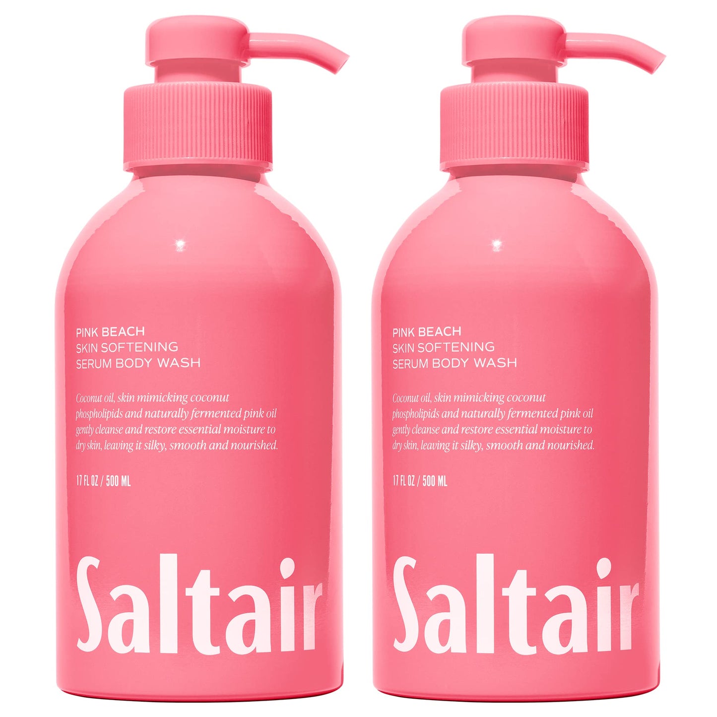Saltair Body Wash, Pink Beach 2-Pack. Moisturizing Body Cleanser with Monoi Oil and Cupuacu Butter. Luxury Shower Gel for Women. Vegan, Cruelty-Free, Paraben-Free. 2x 17oz Pump Bottles