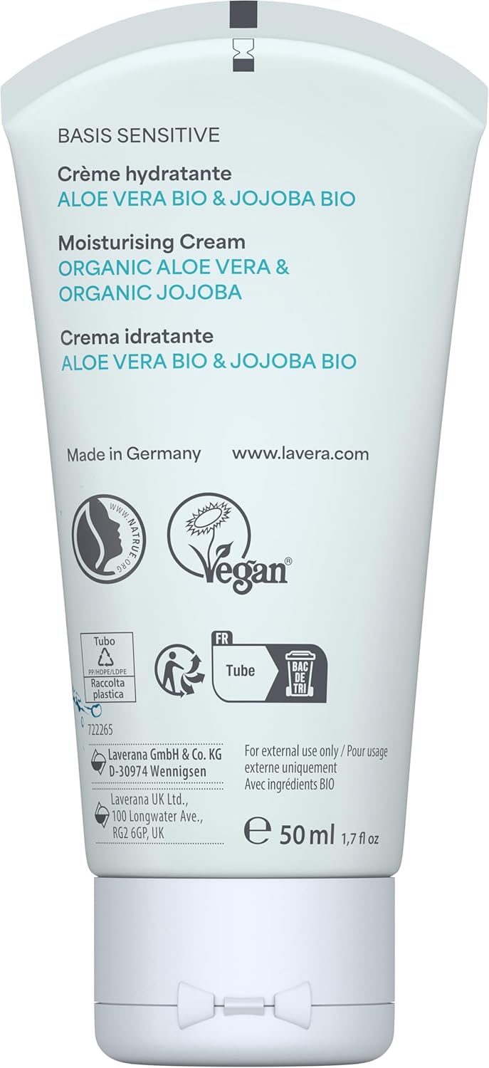 Lavera Basis Sensitive Moisturizing Cream - Organic Vegan Face Moisturizer with Aloe Vera & Shea Butter - 1.69 Fl Oz