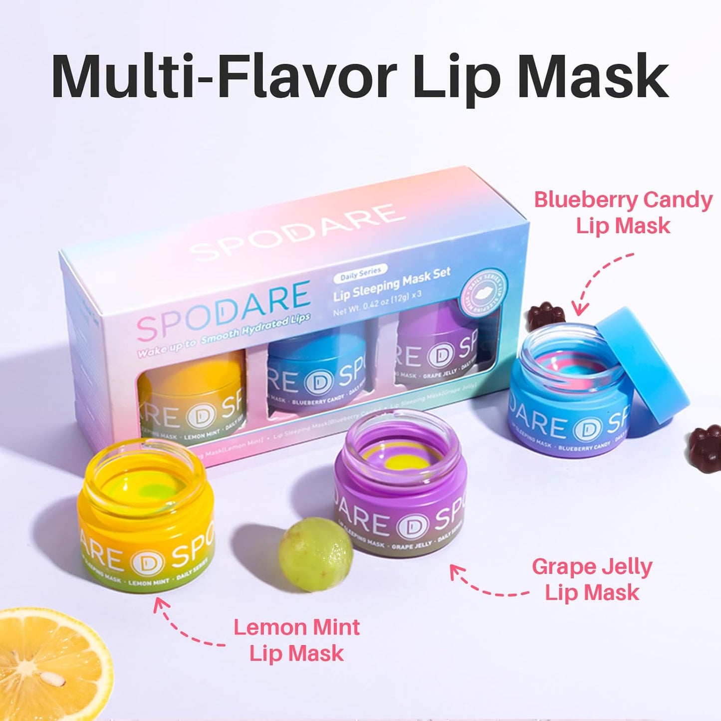 SPODARE 3-in-1 Dual-Color Lip Mask Set - Hydrating Blueberry, Grape & Lemon | Repair Dry Cracked Lips, 1.26 Fl Oz