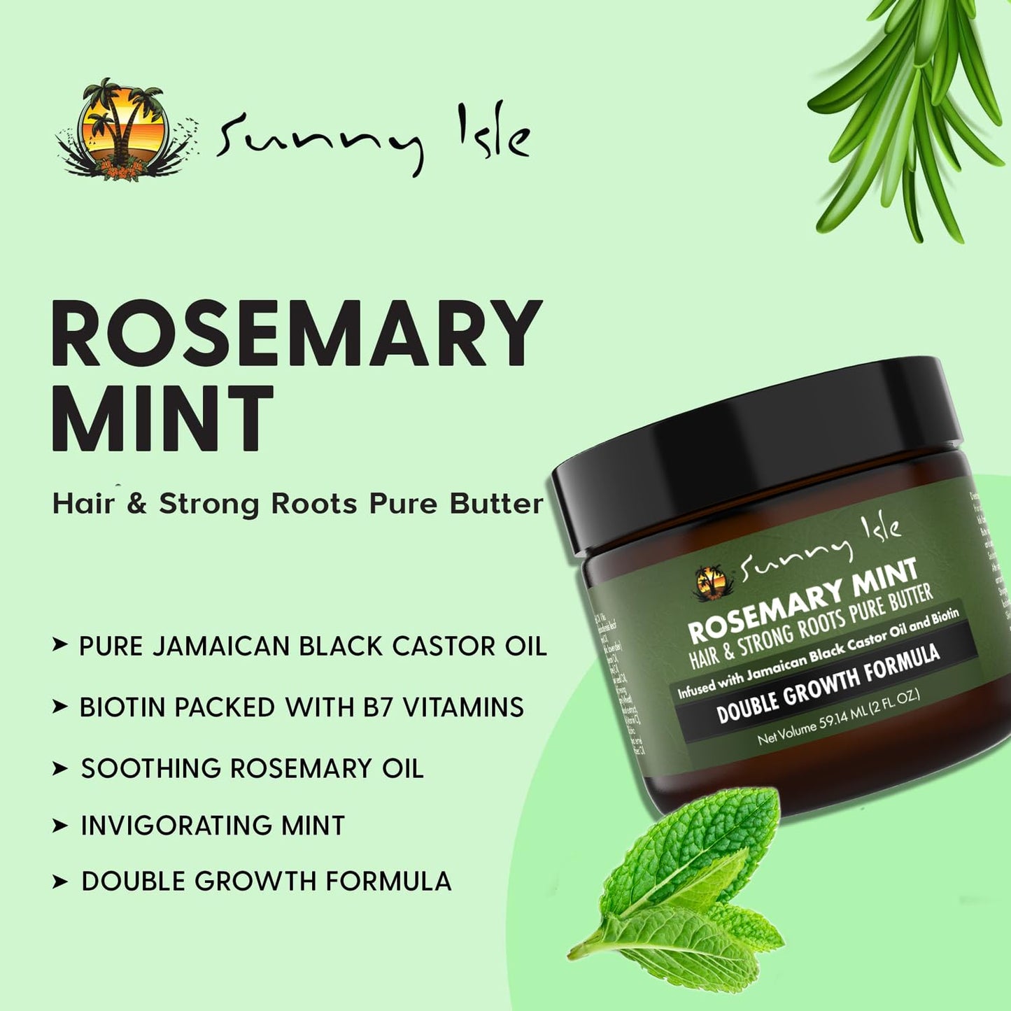 Sunny Isle Rosemary Mint Hair and Strong Roots Butter 2oz | Infused with Biotin & Jamaican Black Castor Oil | Strengthen and Nourish Hair | Dry Scalp, Split Ends