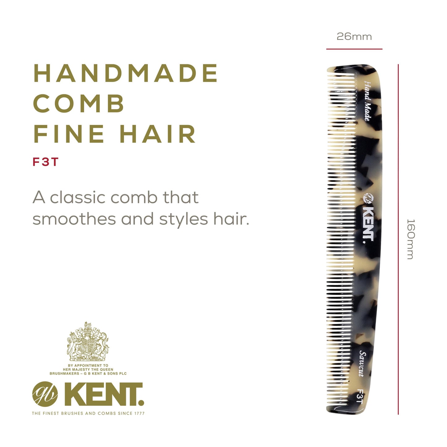 Kent F3TW Fine Tooth Comb for Hair Care, Parting Comb Combs for Men and Combs for Women, Dandruff Hair Comb, Kent Mens Combs for Hair Fine Teeth Comb Hair Comb