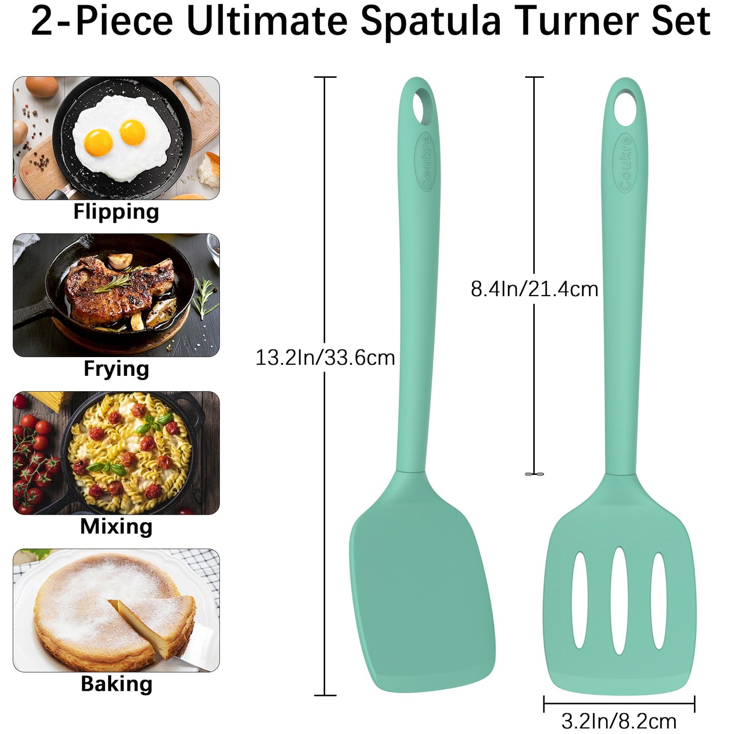 Coukre 2 Pack Silicone Spatula Set, High Heat Resistant, BPA Free Kitchen Spatula, Solid & Slotted Turner for Non-Stick Pans, Sautéing, and Flipping (2, AquaGreen)