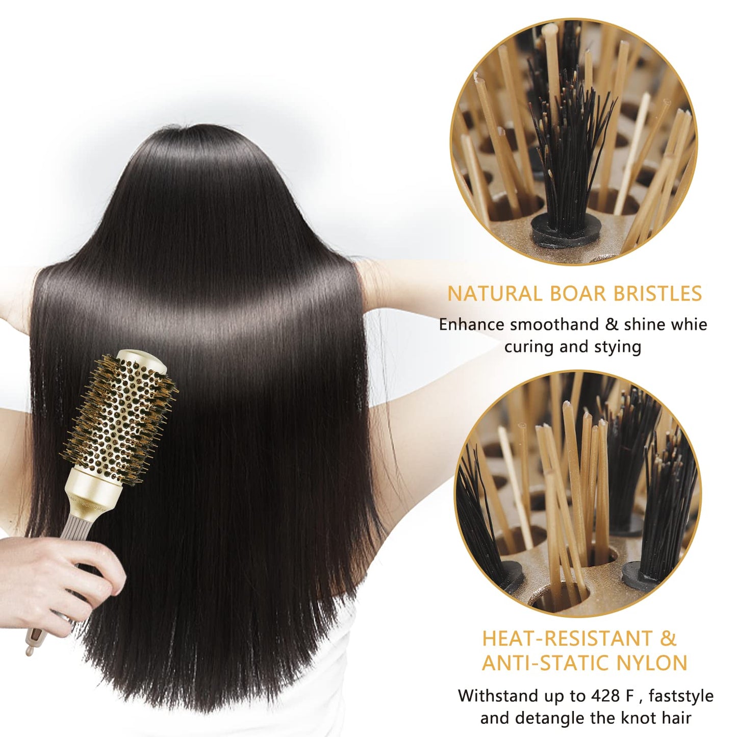 LGLQN Round Barrel Brush for Blow Drying, with Boar Bristles, Nano Thermal Ceramic & Ionic Tech, 1.7 inch, Gold