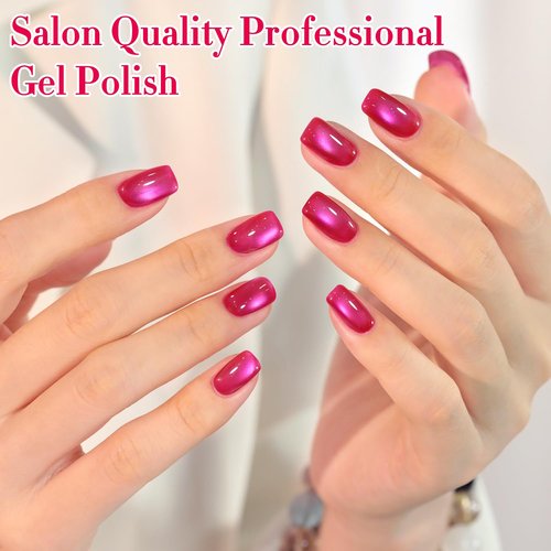 Double Rhythm 15ML Jelly Glass Cat Eye Gel Polish with Magnet Holographic Glitter Shimmer Translucent Sheer Color Salon Soak Off Magnetic Nail at Home (Magenta-MC1201)