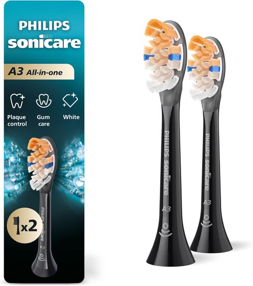 Philips Sonicare A3 All-in-One Electric Toothbrush Heads - Genuine Replacement, Black, 2 Pack, HX9092/95