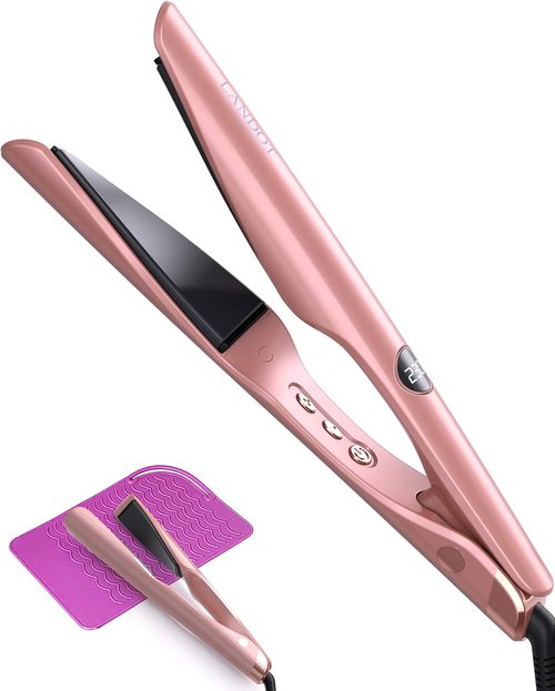 LANDOT 2-in-1 Hair Straightener & Curler - Fast Heating Ceramic Iron, 12 Temp Settings, Rose Gold
