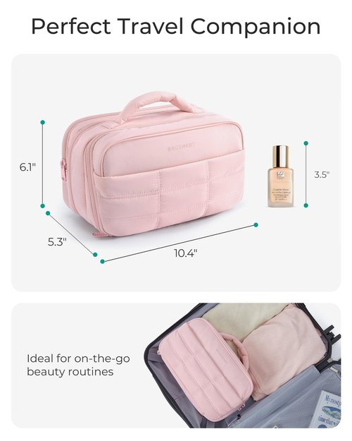 BAGSMART Toiletry Bag for Women, Travel Makeup Bag, Wide-open Portable Make Up Bag Organizer for Women for Travel Essentials Travel-Size Toiletries Accessories Bottles, Brushes, Beige