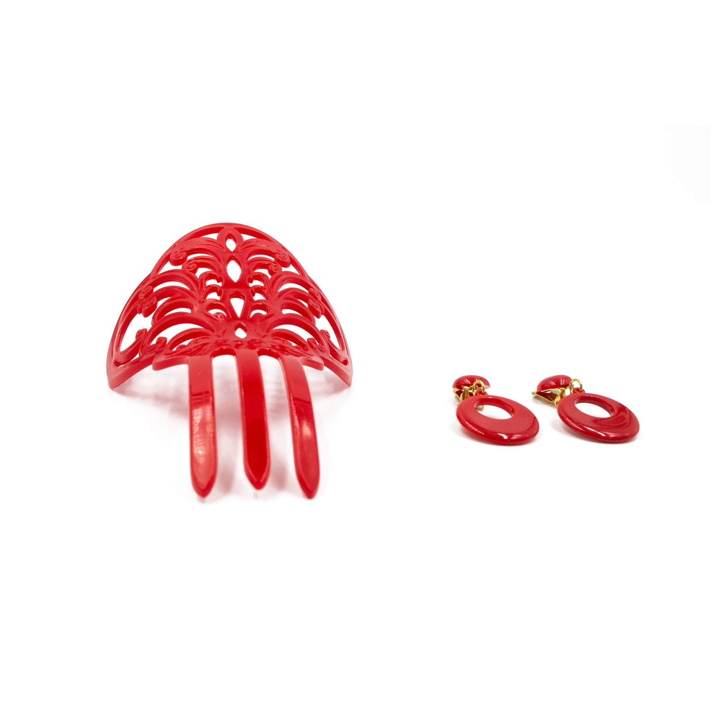 Ole Ole Flamenco Girl Comb for Hair Red Roja with Clip Earrings bundle Flamenco Dancer Spanish Combs Peineta Flamenca Ornamental Hair Pins