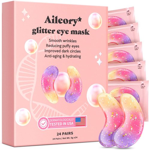AILEORY Under Eye Patches (24 Pairs) - New Tri-color Glitter Eye Gel Pads for Dark Circles Puffy Eyes,Under eye Bags,Wrinkles|Natural Collagen Under Eye Mask Patches, Gel Under Eye Patches