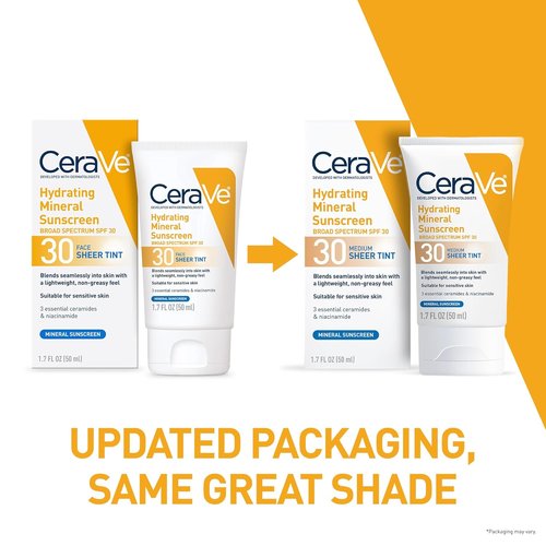 CeraVe Hydrating Mineral Sunscreen SPF 30 - Tinted Zinc Oxide Formula for a Healthy Glow | 1.7 Fl Oz