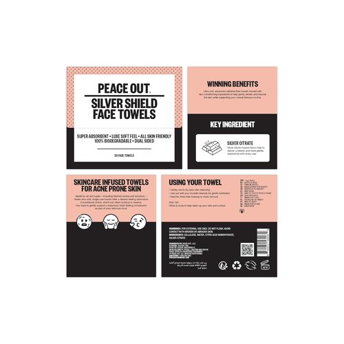 Peace Out Silver Shield Face Towels - Biodegradable, Super Absorbent, Dual-Sided, 30 Count for Sensitive Skin