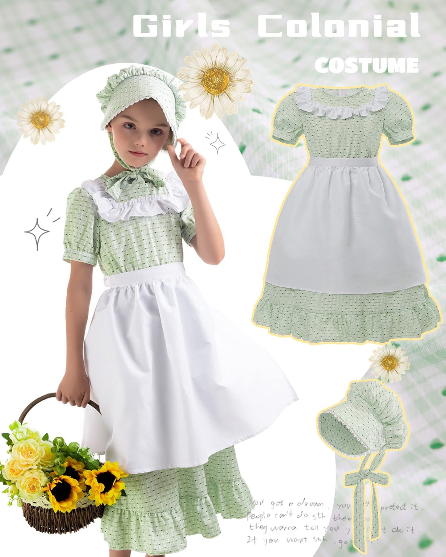 NSPSTT Pioneer Dresses for Girls Colonial Costume Prairie Dresses for Girls Polka Dot Dress, Green XXL