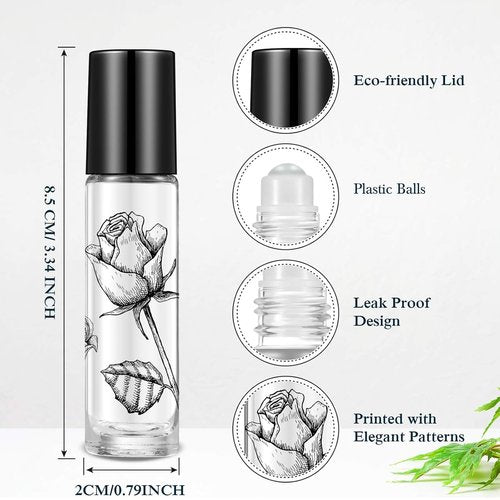 10 Pieces Essential Oil Roller Bottles 10 ml Empty Roller Bottles for Essential Oils Lip Oil, Glass Refillable Oil Container Printed with Patterns