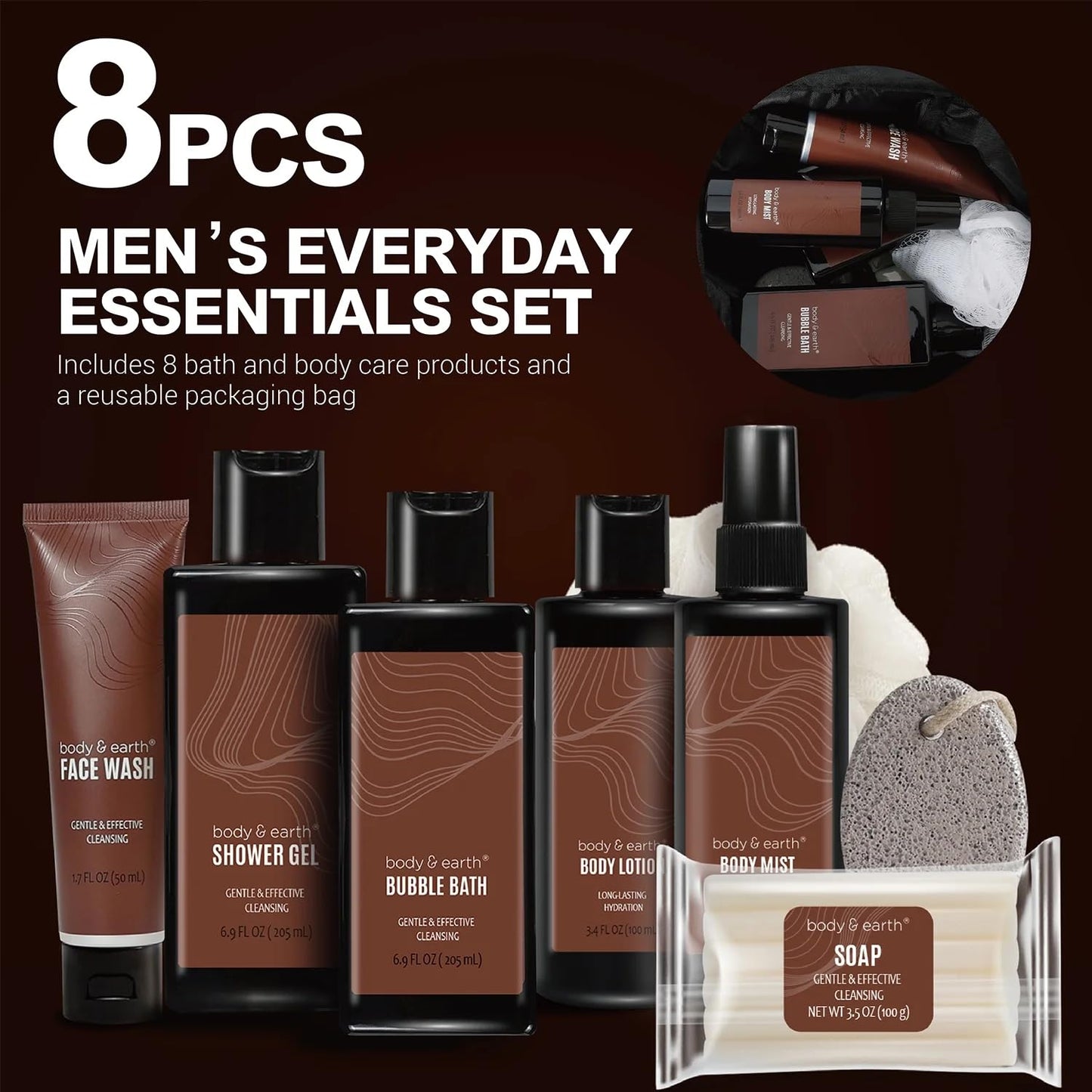 Skiennix Men's Body Wash Gift Set - 8-Piece Sandalwood Scented Collection | Perfect for Christmas & Father's Day